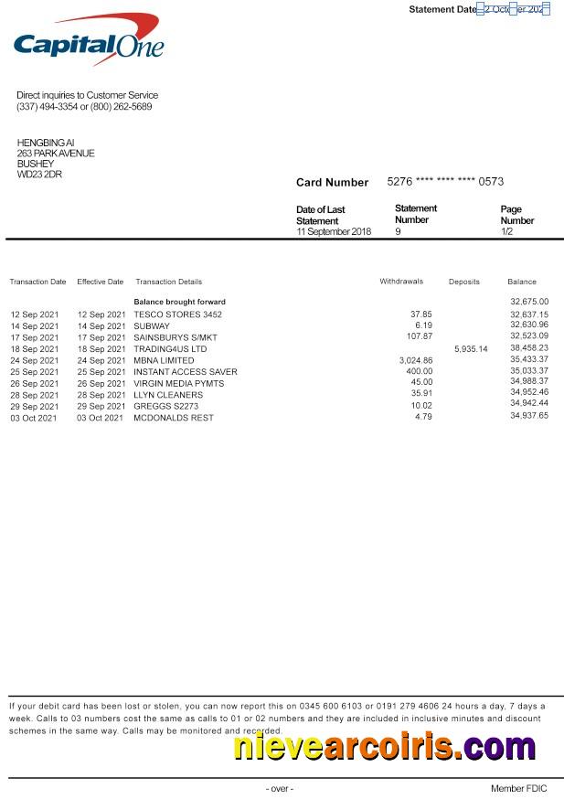 USA Capital One bank statement PSD format, version 2